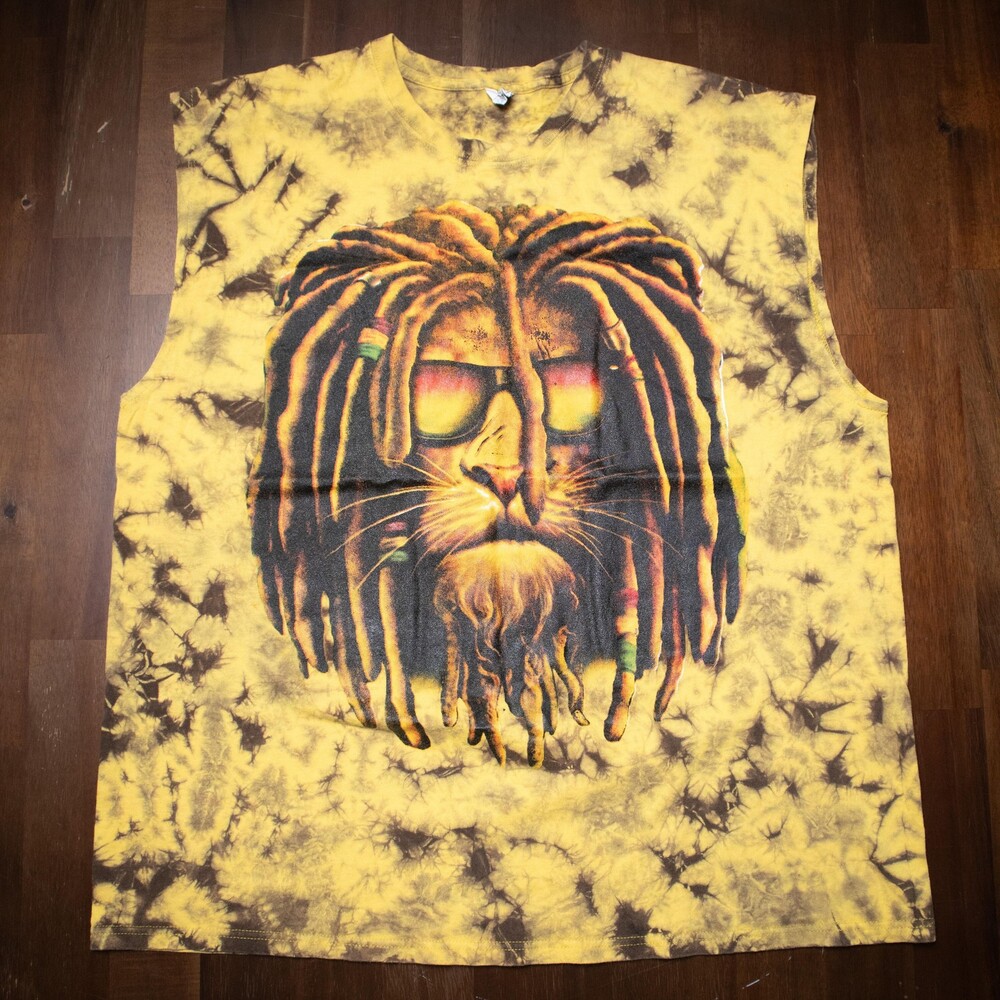 Rasta Lion Shirt Mens 2XL Yellow Tie Dye Sleeveless Tank Yazbek Reggae Gym Rat